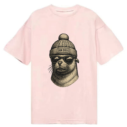 San Diego Sea Lion wearing San Diego beanie with pom pom and wayfarer sunglasses - Classic T-shirt - Pink