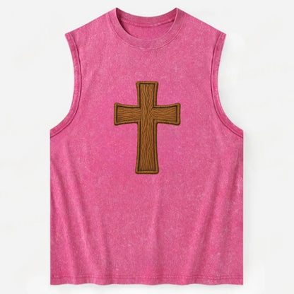 Carved Cross  - Vintage Washed Tank - Pink