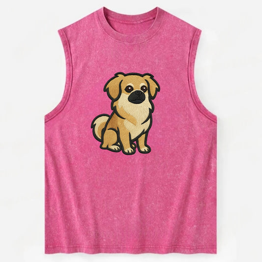 Tibetan Spaniel - Fawn small dog embroidered design - Vintage Washed Tank - Pink