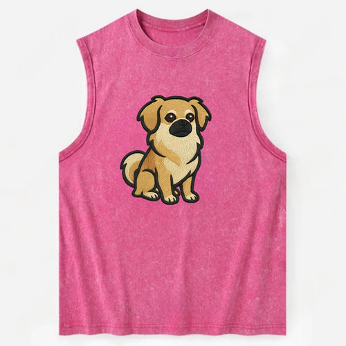 Tibetan Spaniel - Fawn small dog embroidered design - Vintage Washed Tank