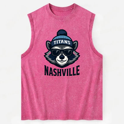 Nashville Raccoon wearing Titans navy and light blue beanie with pom pom and - Vintage Washed Tank - Pink