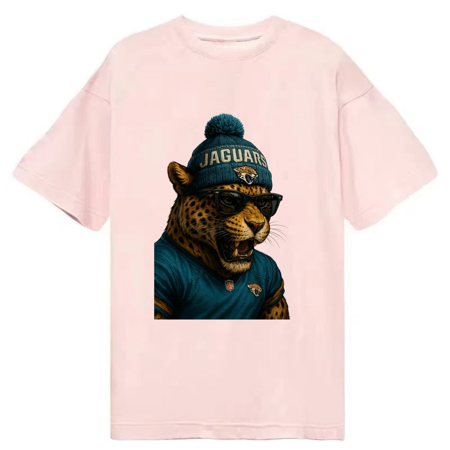 Jacksonville Jaguar wearing Jaguars teal and gold beanie with pom pom and - Classic T-shirt - Pink