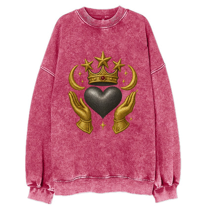 Sun goddess crown radiating golden rays over a midnight heart with - Vintage Sweatshirt - Pink