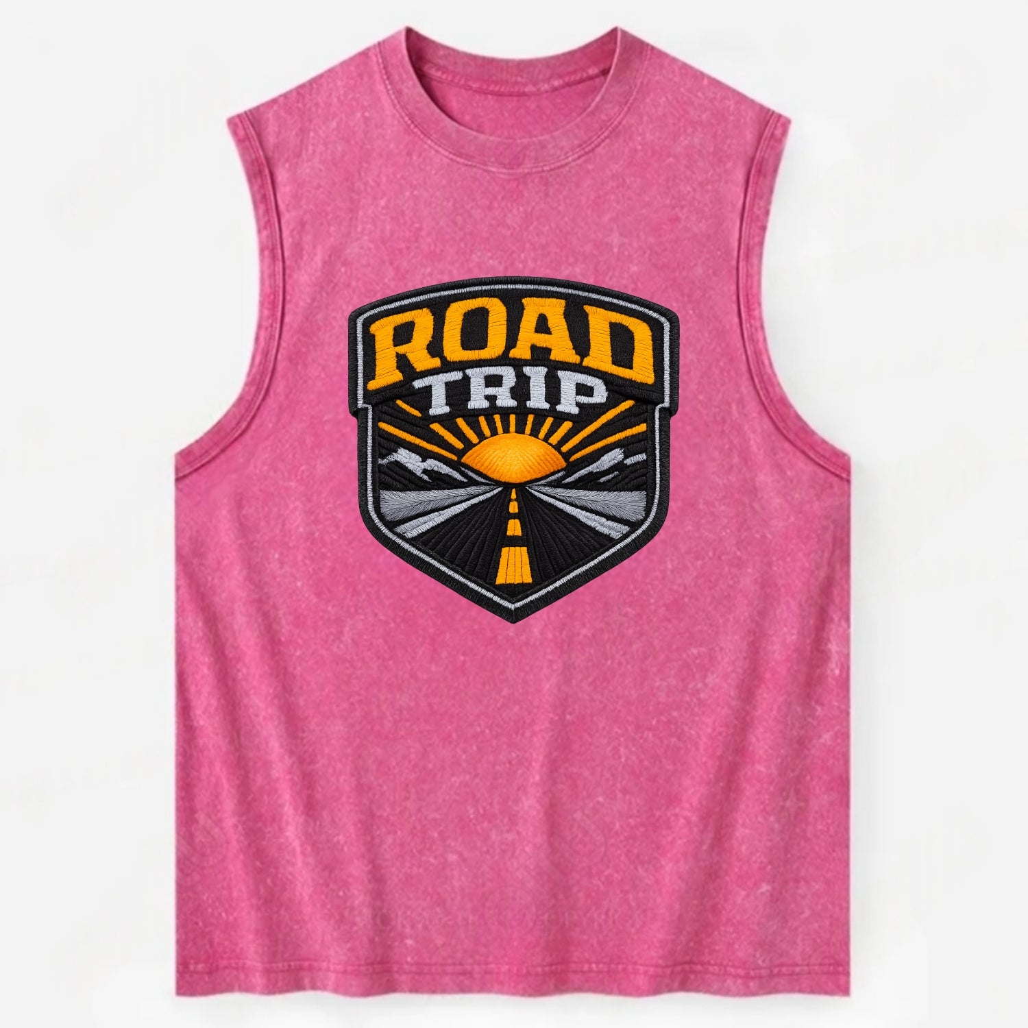 ROAD TRIP - highway and sun in orange and gray , open road - Vintage Washed Tank - Pink