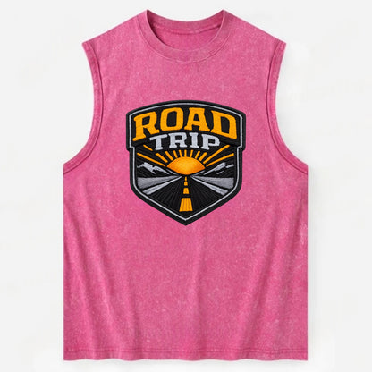 ROAD TRIP - highway and sun in orange and gray , open road - Vintage Washed Tank - Pink
