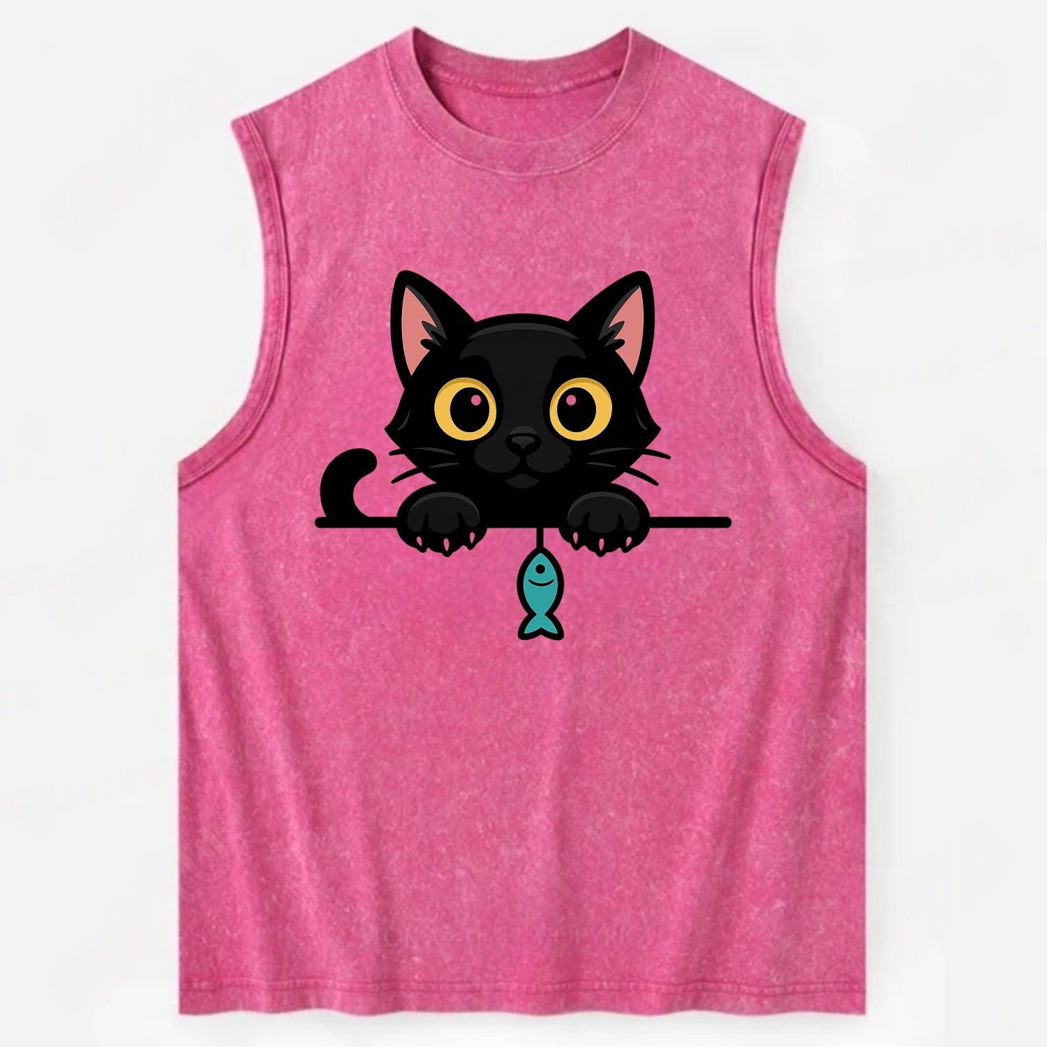 Midnight the black cat holding a tiny yarn ball between both paws while - Vintage Washed Tank - Pink