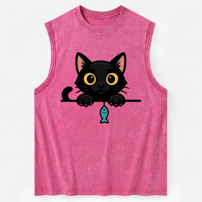 Midnight the black cat holding a tiny yarn ball between both paws while - Vintage Washed Tank - Pink