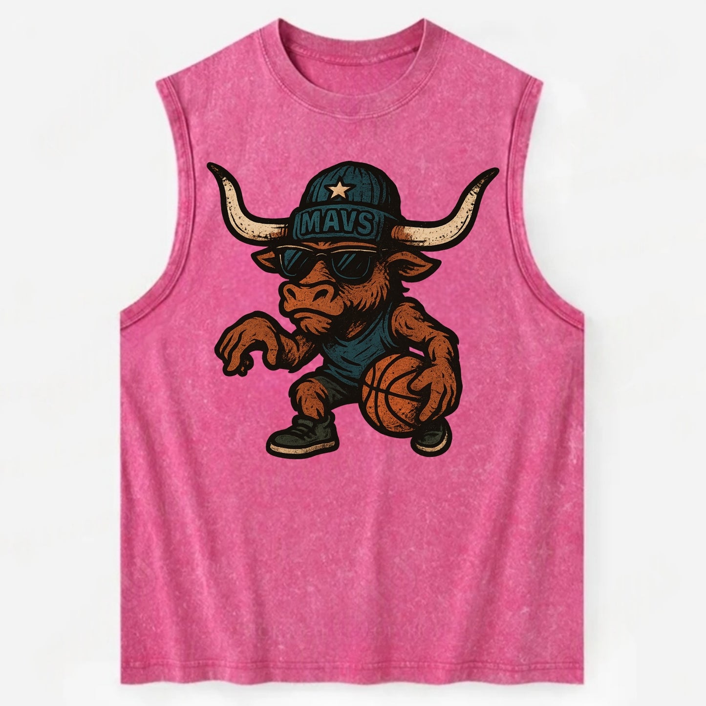 Texas Longhorn wearing Mavs beanie with lone star patch and wayfarer - Vintage Washed Tank - Pink