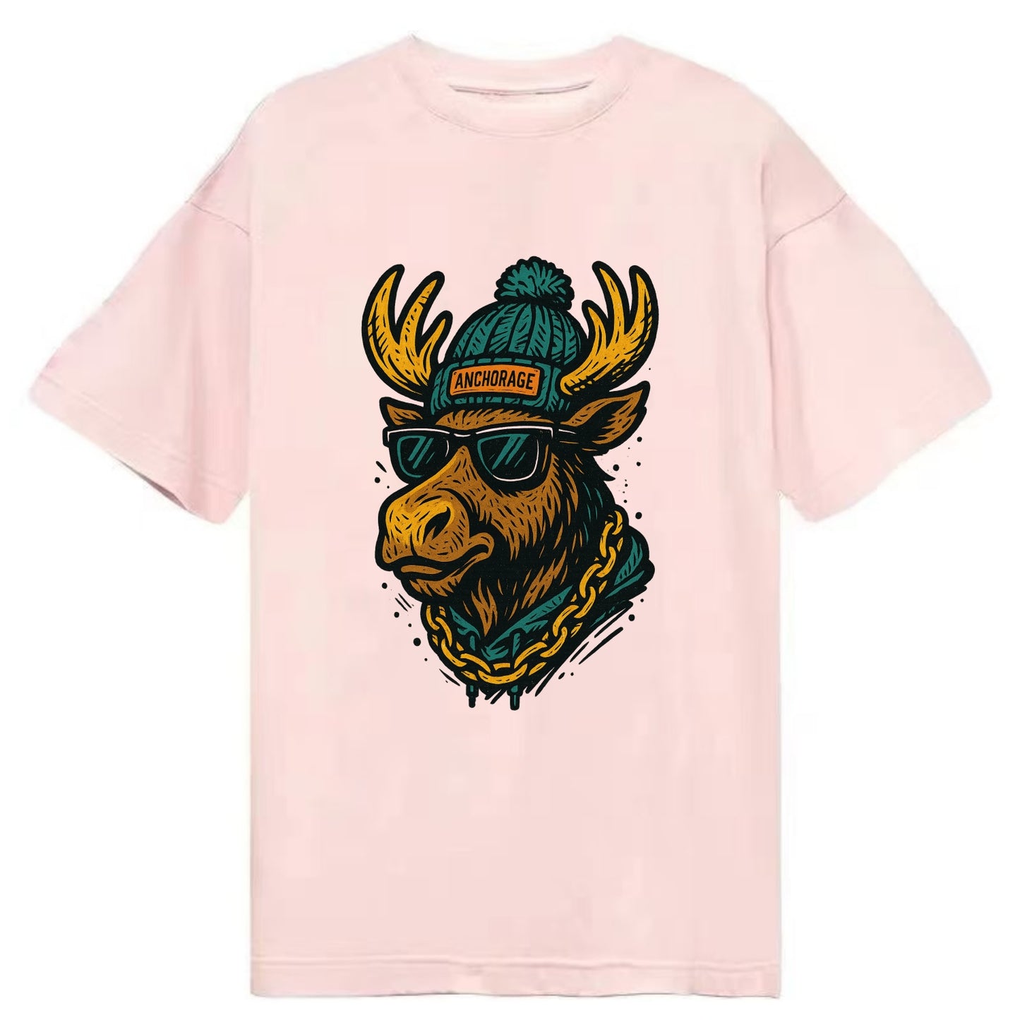 Alaska Moose wearing Anchorage beanie with pom pom and wayfarer sunglasses - Classic T-shirt - Pink