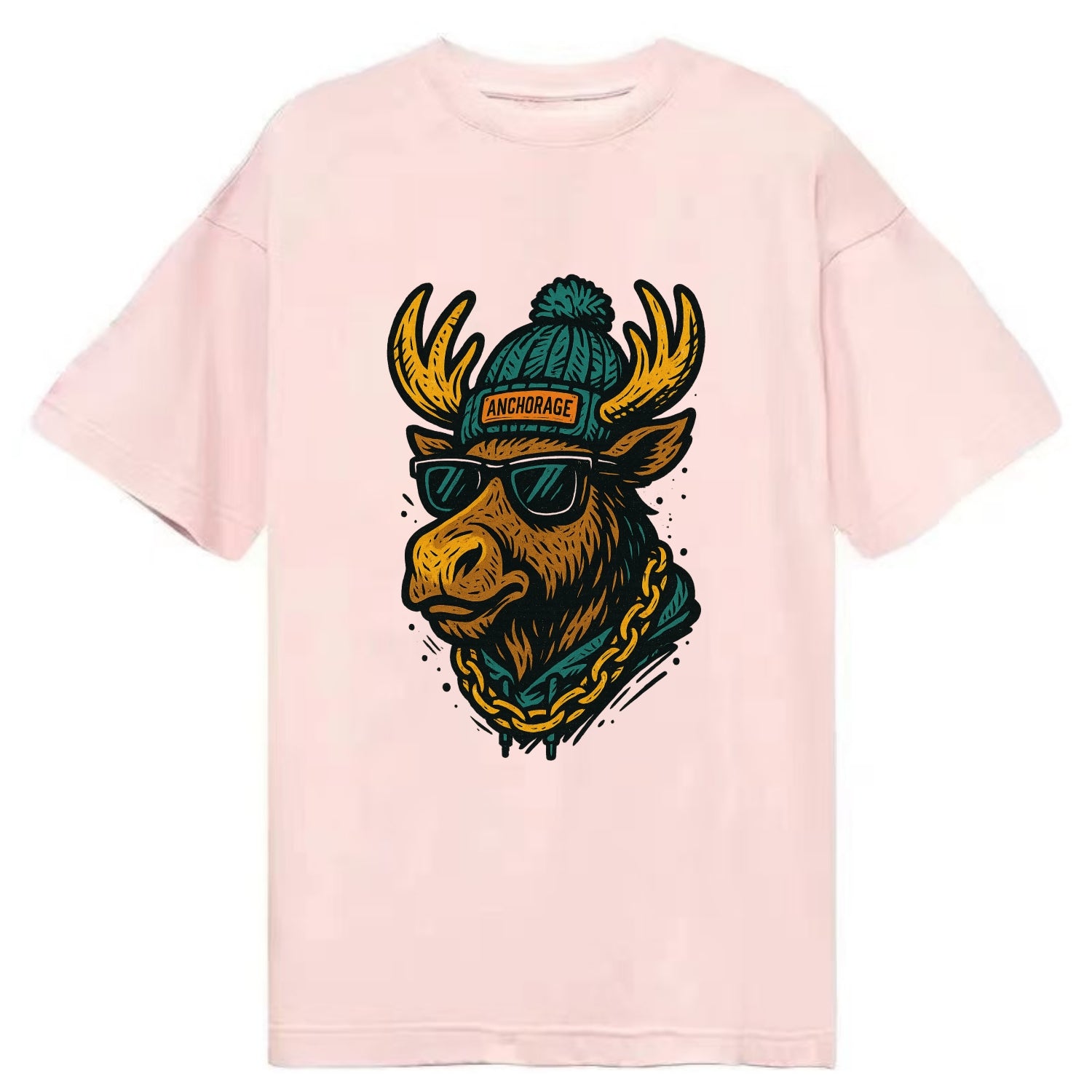 Alaska Moose wearing Anchorage beanie with pom pom and wayfarer sunglasses - Classic T-shirt - Pink