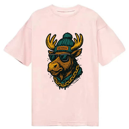 Alaska Moose wearing Anchorage beanie with pom pom and wayfarer sunglasses - Classic T-shirt - Pink