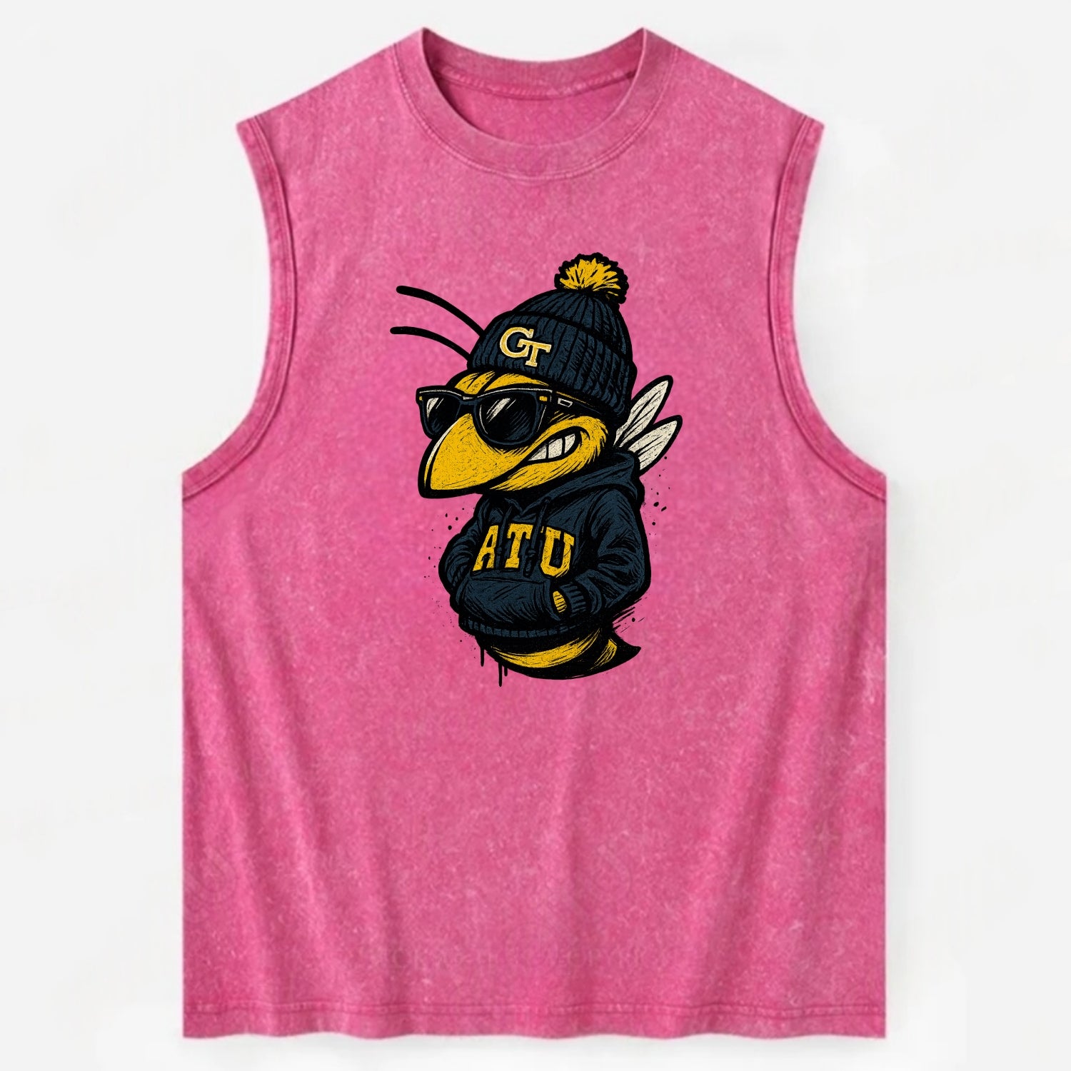 Atlanta Yellow Jacket wearing Georgia Tech beanie with GT patch - Vintage Washed Tank - Pink