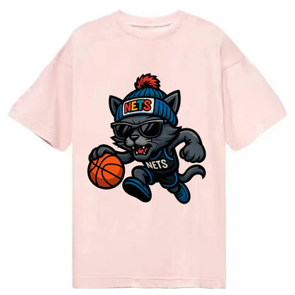 Brooklyn Cat wearing Nets beanie with street art patch and wayfarer sunglasses - Classic T-shirt - Pink