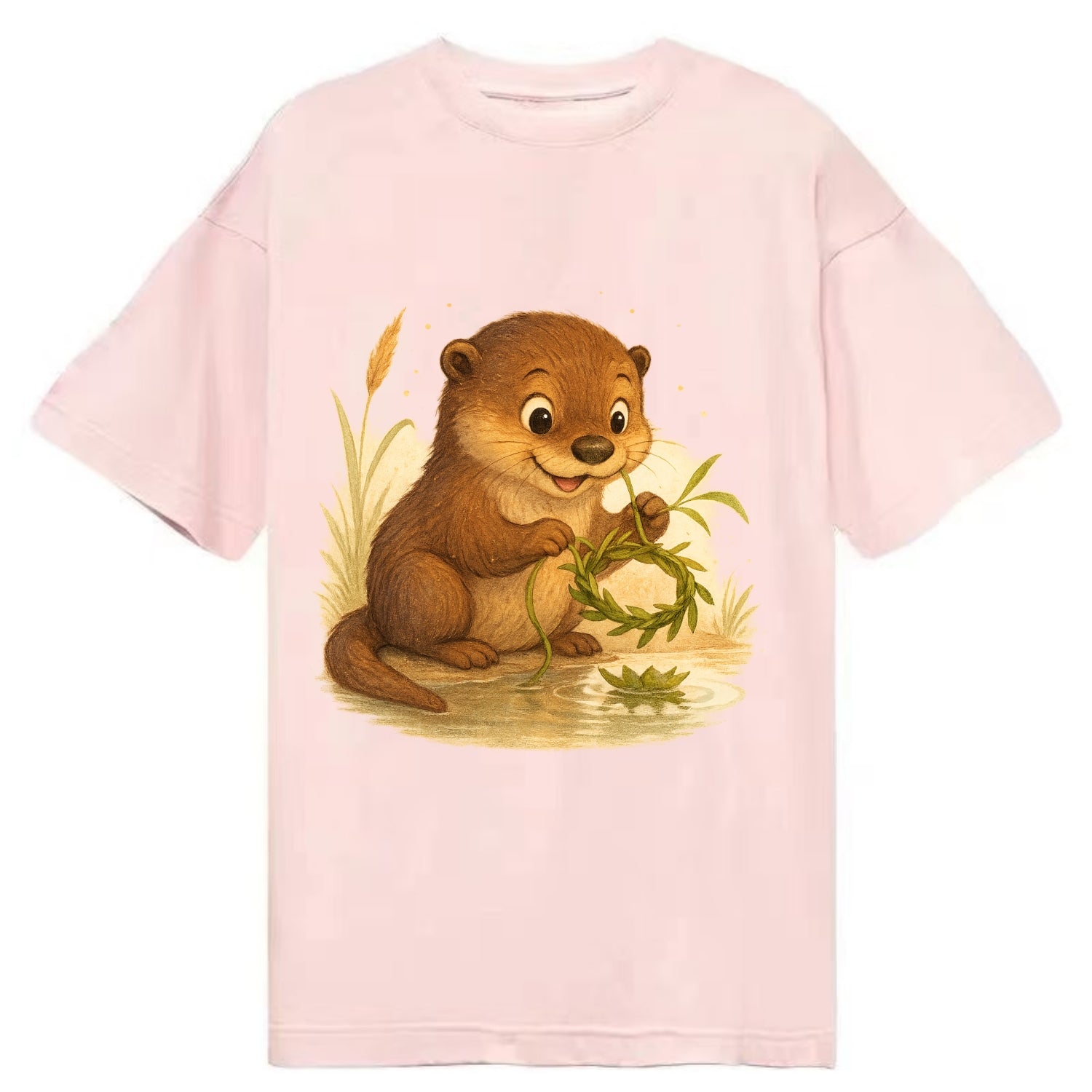 Otter weaving river reeds into a floating crown beside mirror-still water - Classic T-shirt - Pink