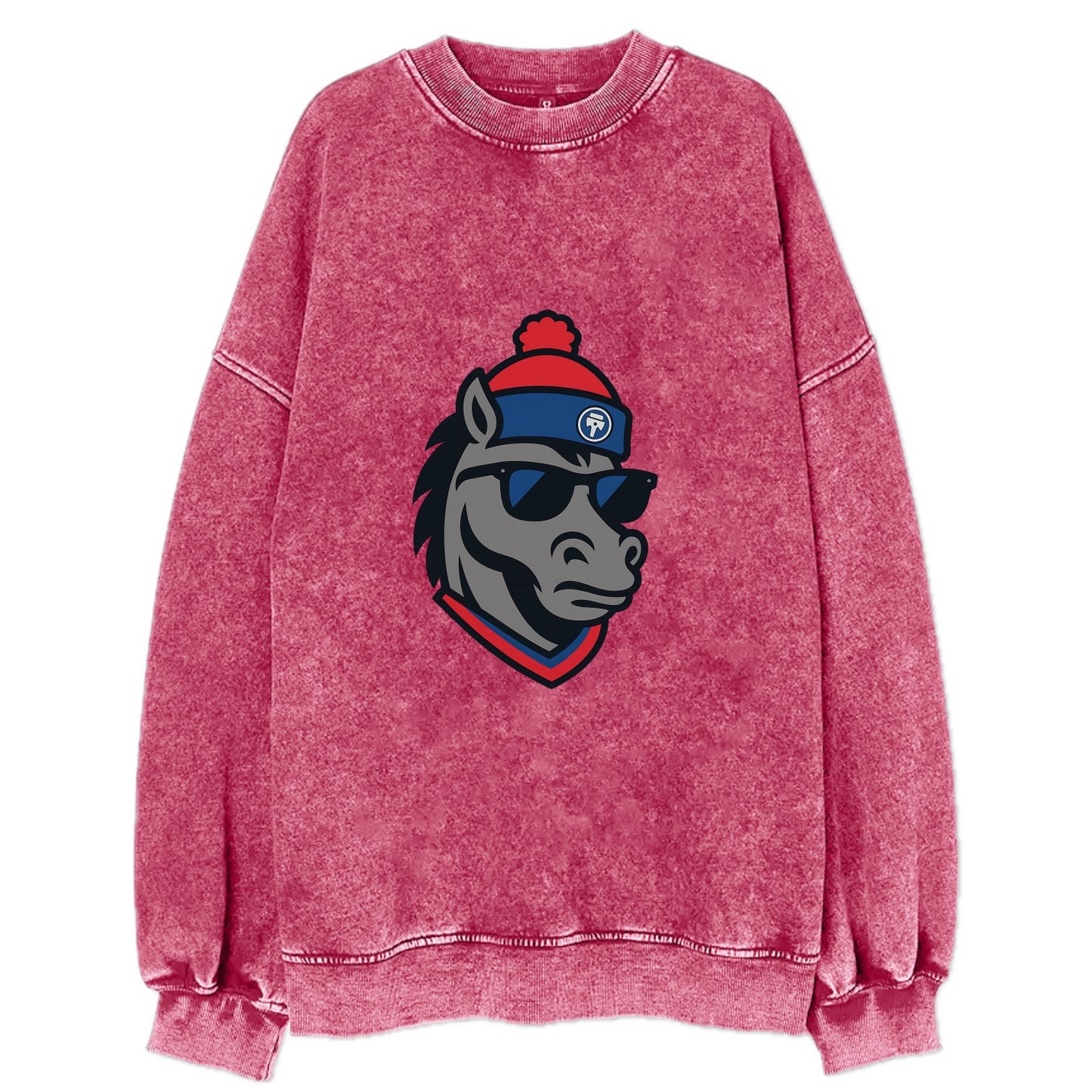 Detroit Stallion wearing Pistons red and blue beanie with piston patch and - Vintage Sweatshirt - Pink
