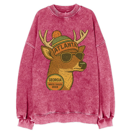 Georgia White-tailed Deer wearing Atlanta beanie with pom pom and wayfarer - Vintage Sweatshirt - Pink