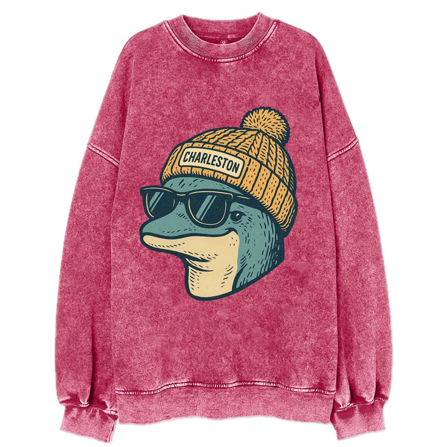 Charleston Dolphin wearing Charleston beanie with pom pom and wayfarer - Vintage Sweatshirt - Pink