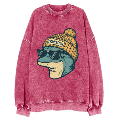 Charleston Dolphin wearing Charleston beanie with pom pom and wayfarer - Vintage Sweatshirt - Pink