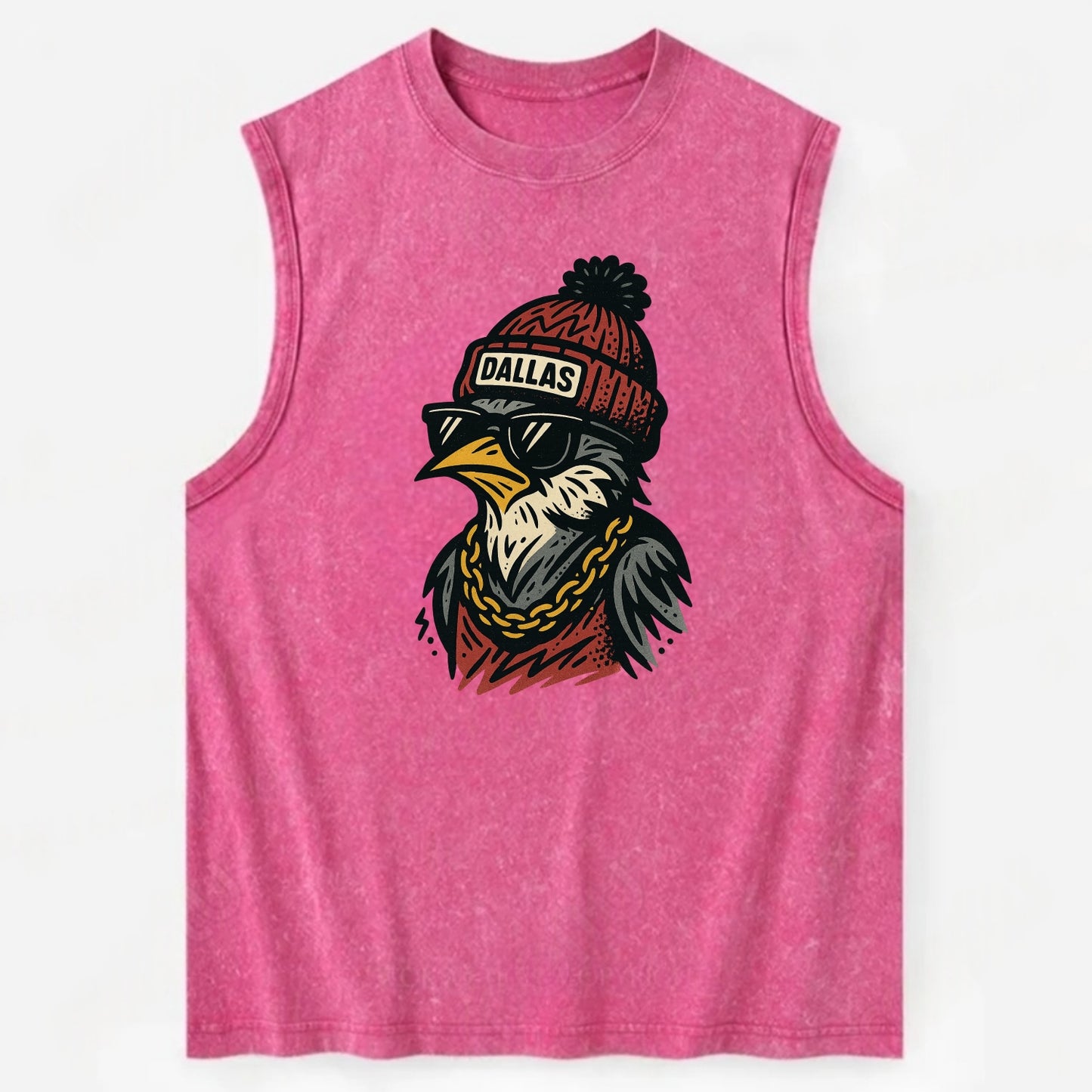 Dallas Mockingbird wearing Dallas beanie with pom pom and wayfarer sunglasses - Vintage Washed Tank - Pink