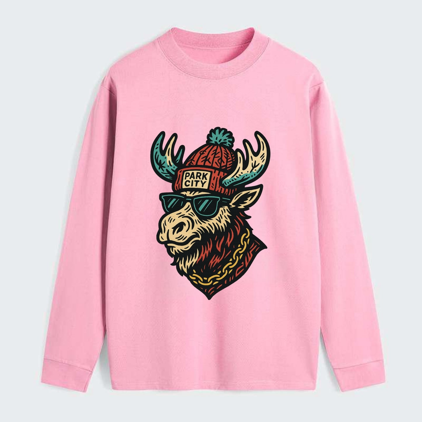 Park City Moose wearing Park City beanie with pom pom and wayfarer - Classic Long Sleeve Shirt - Pink