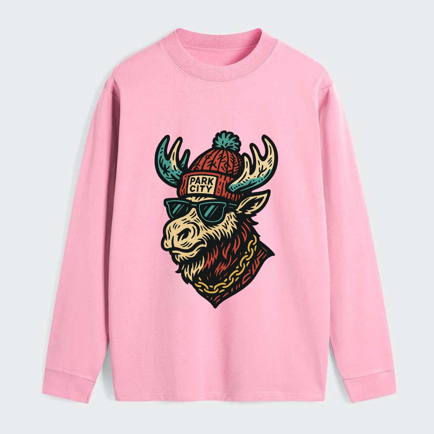Park City Moose wearing Park City beanie with pom pom and wayfarer - Classic Long Sleeve Shirt - Pink
