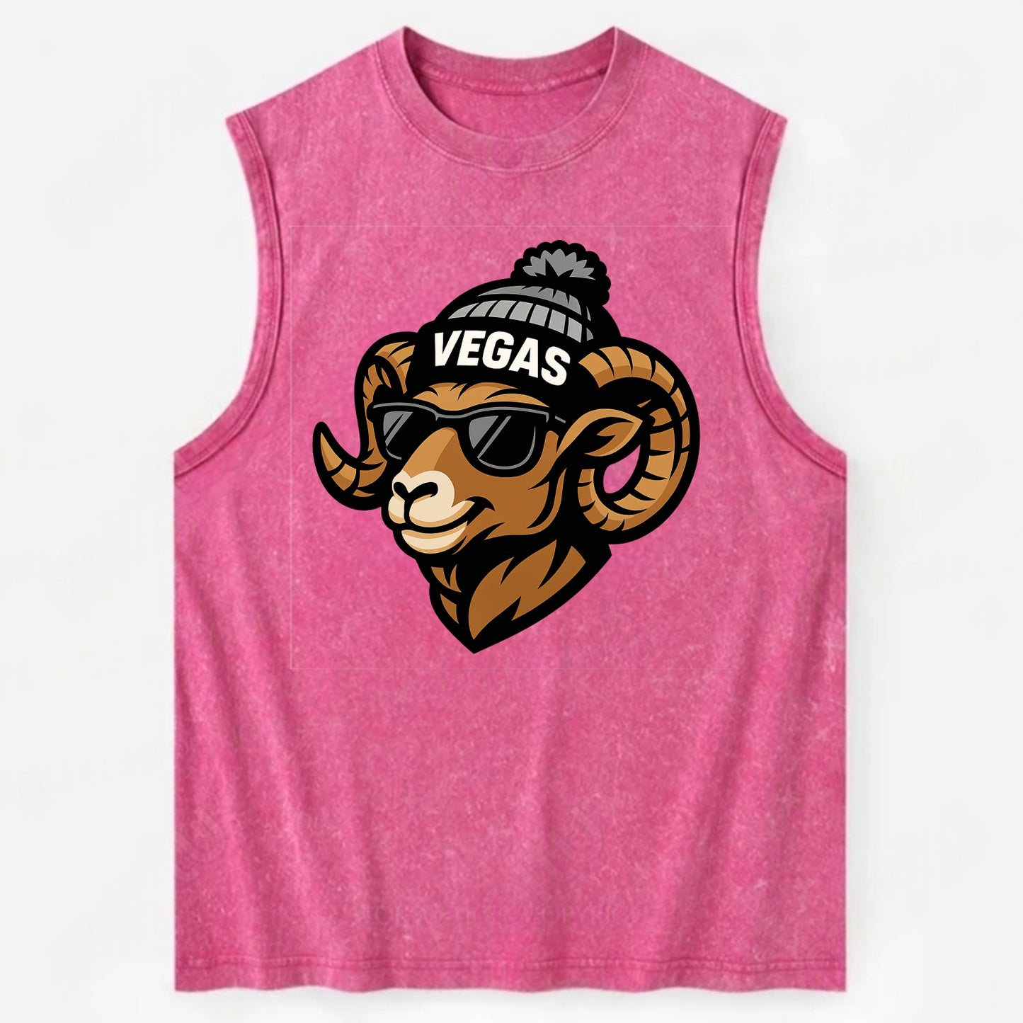 Vegas Desert Bighorn wearing Raiders silver and black beanie with pom pom and - Vintage Washed Tank - Pink