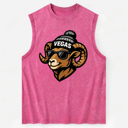 Vegas Desert Bighorn wearing Raiders silver and black beanie with pom pom and - Vintage Washed Tank - Pink