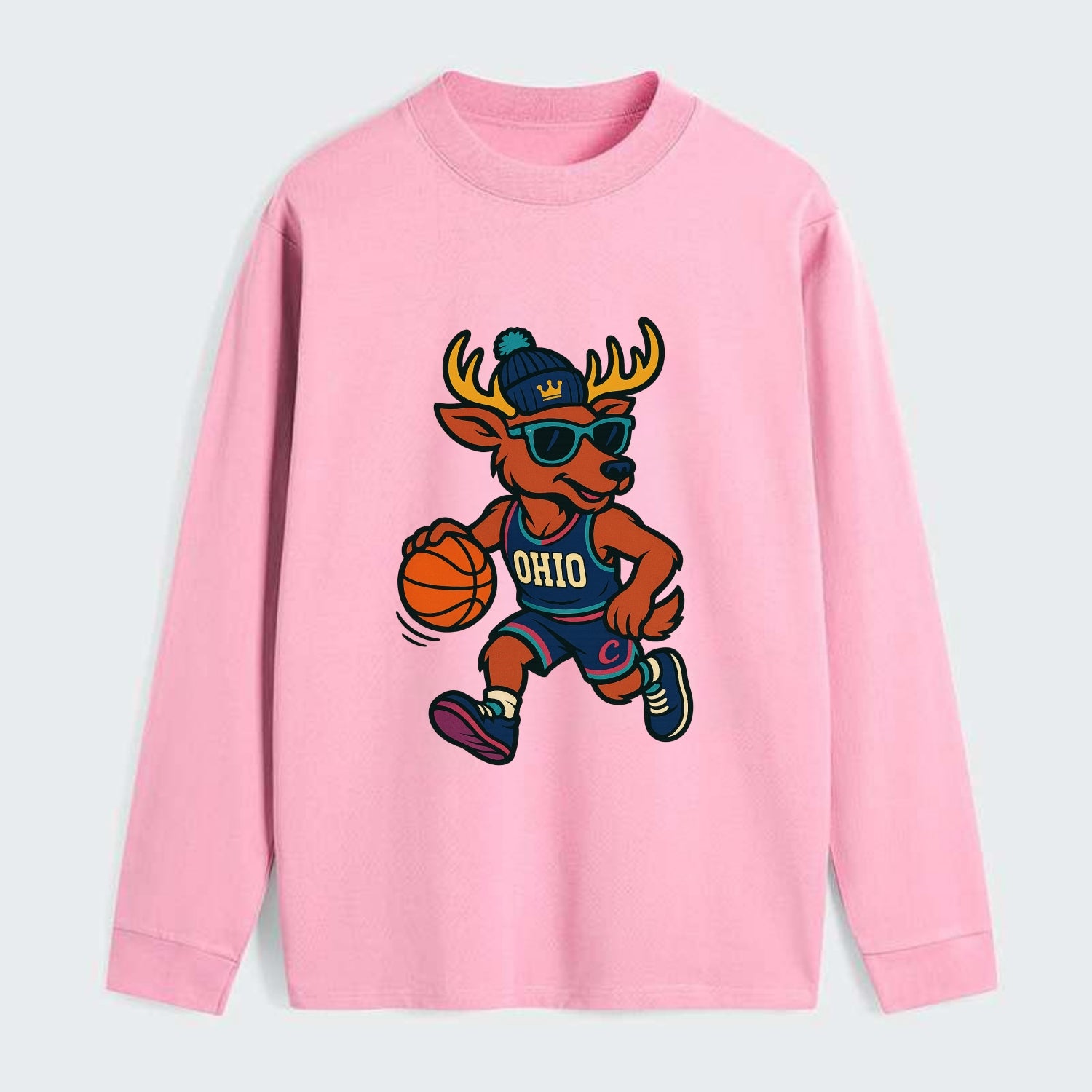 Ohio Deer wearing Cavs beanie with crown patch and wayfarer sunglasses - Classic Long Sleeve Shirt - Pink