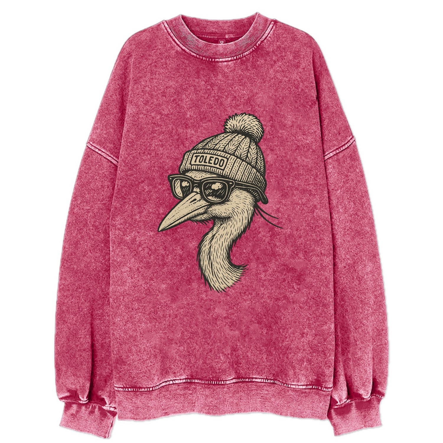 Toledo Great Blue Heron wearing Toledo beanie with pom pom and wayfarer - Vintage Sweatshirt - Pink