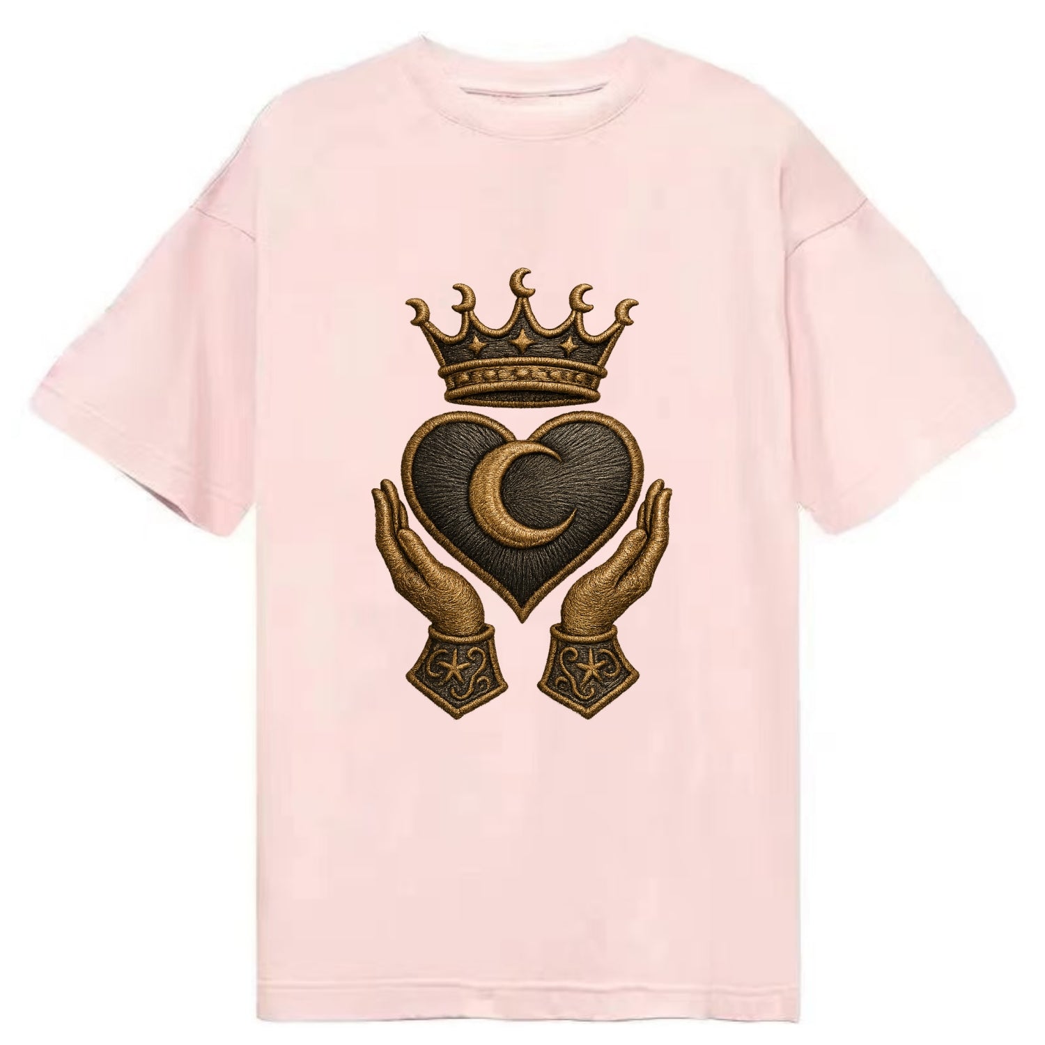 Moonlit crescent crown cradling a hematite heart with stargazer hands cupped - Classic T-shirt - Pink