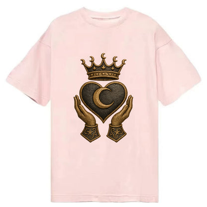 Moonlit crescent crown cradling a hematite heart with stargazer hands cupped - Classic T-shirt - Pink