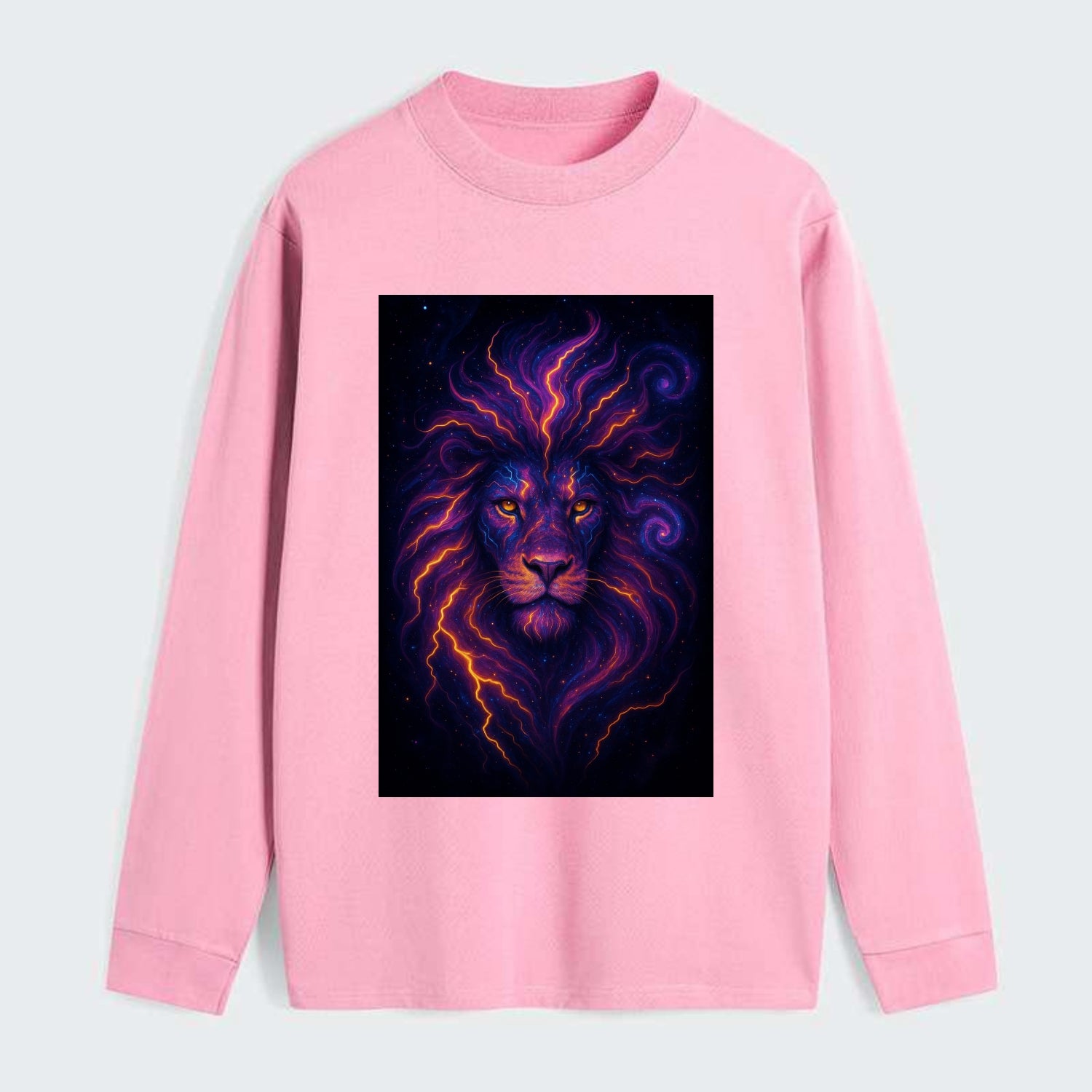 Regal lion with mane made of electric currents, neon yellow and hot - Classic Long Sleeve Shirt - Pink