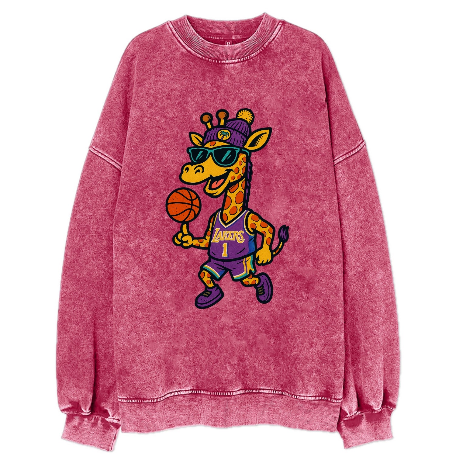 California Giraffe wearing Lakers beanie with palm tree patch and wayfarer - Vintage Sweatshirt - Pink