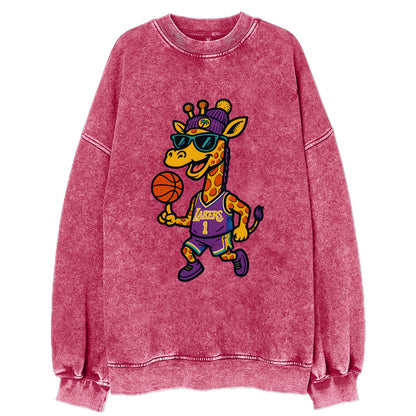 California Giraffe wearing Lakers beanie with palm tree patch and wayfarer - Vintage Sweatshirt - Pink