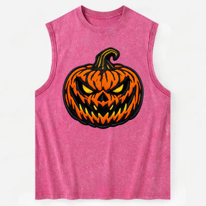 HALLOWEEN PUMPKIN - jack o lantern in orange and black , spooky - Vintage Washed Tank - Pink