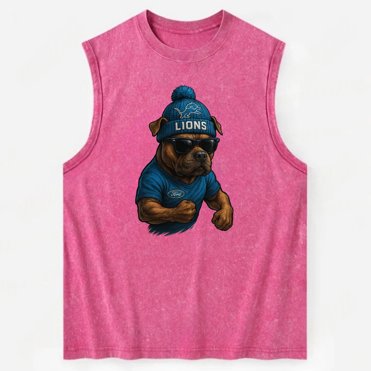 Detroit Pitbull wearing Lions beanie with auto patch and wayfarer sunglasses - Vintage Washed Tank - Pink
