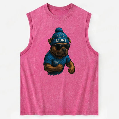 Detroit Pitbull wearing Lions beanie with auto patch and wayfarer sunglasses - Vintage Washed Tank - Pink