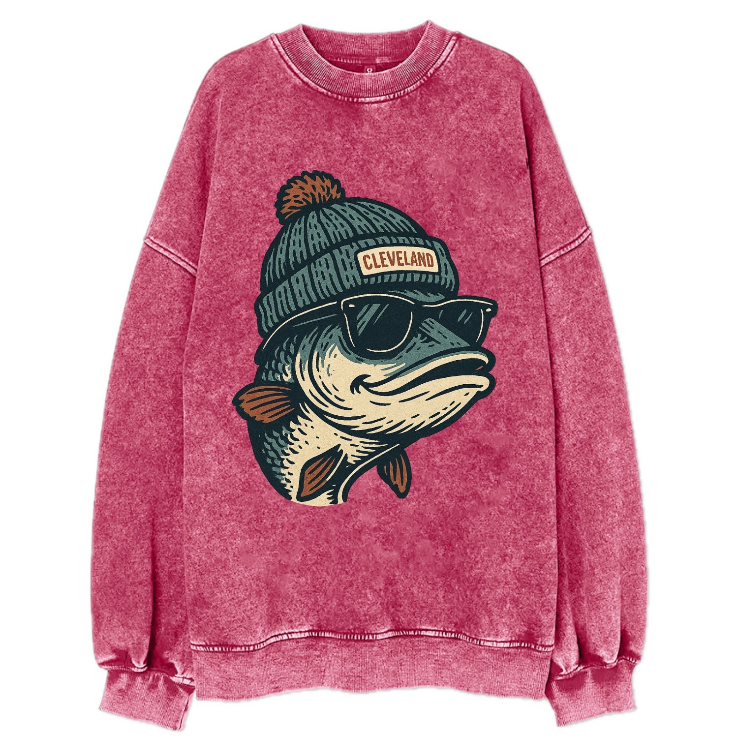 Cleveland Lake Erie Walleye wearing Cleveland beanie with pom pom and wayfarer - Vintage Sweatshirt - Pink
