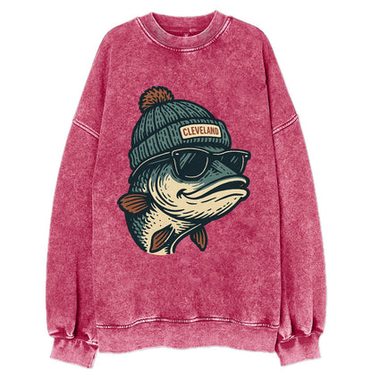 Cleveland Lake Erie Walleye wearing Cleveland beanie with pom pom and wayfarer - Vintage Sweatshirt - Pink