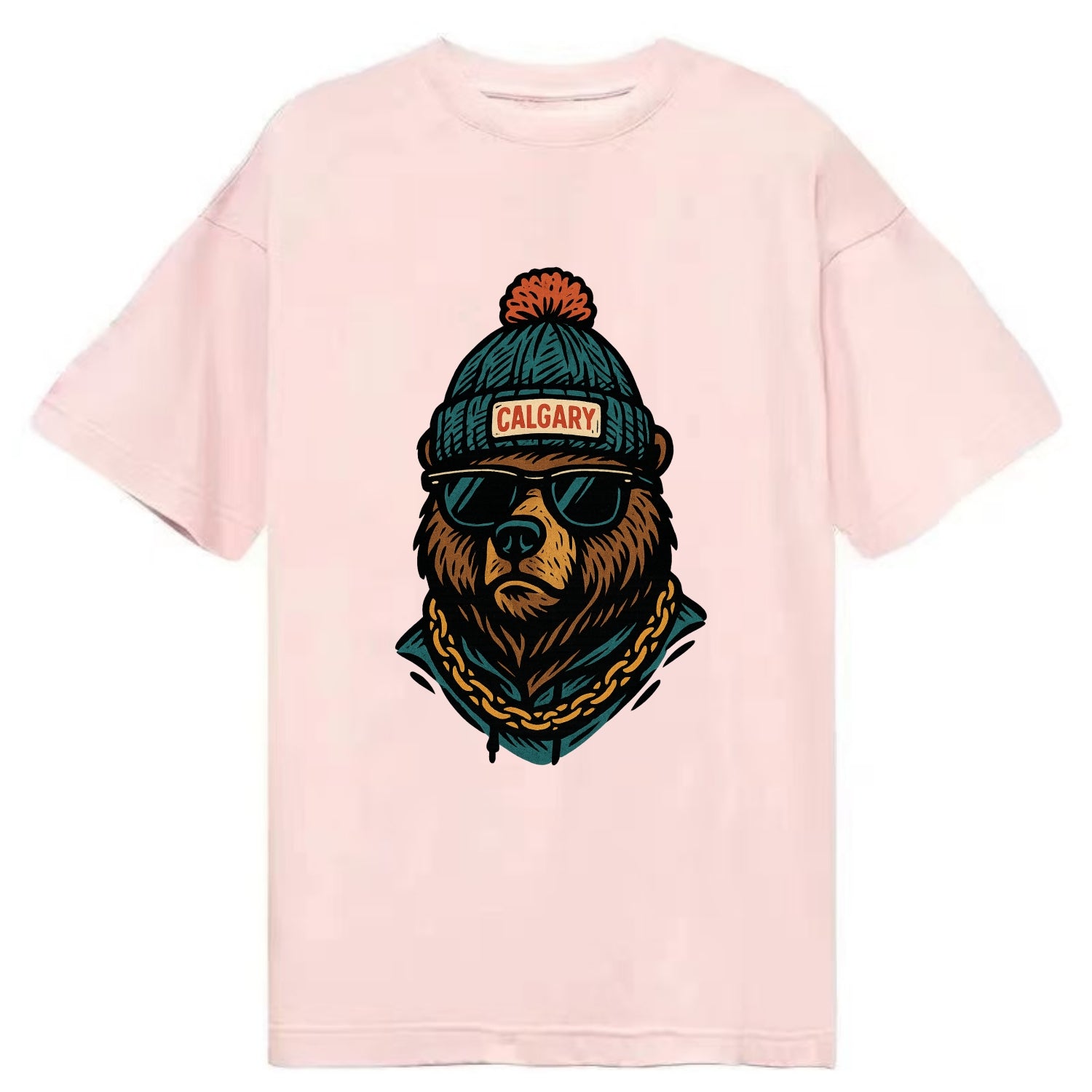 Calgary Grizzly Bear wearing Calgary beanie with pom pom and wayfarer sunglasses - Classic T-shirt - Pink