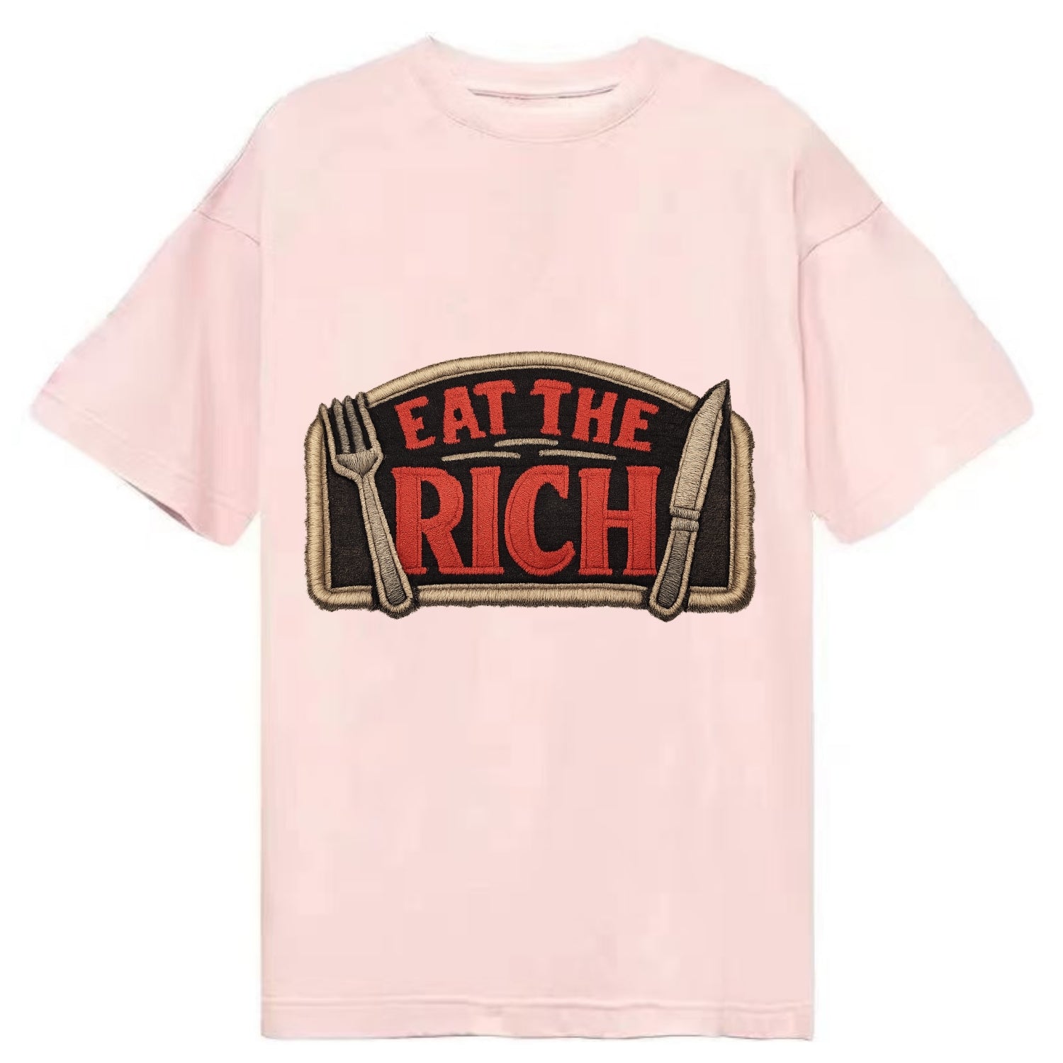 EAT THE RICH - fork and knife with text in red and silver , class war - Classic T-shirt - Pink