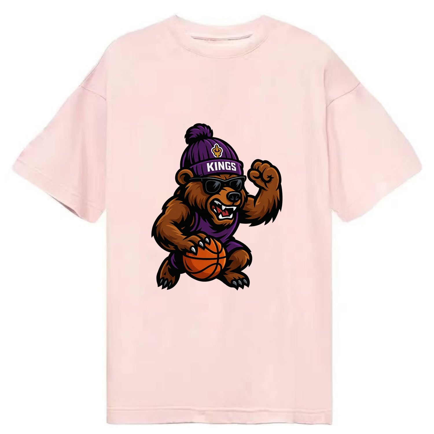 California Grizzly wearing Kings beanie with royal scepter patch and wayfarer - Classic T-shirt - Pink
