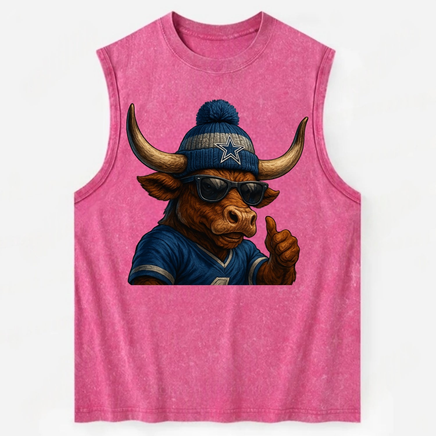 Texas Longhorn wearing Cowboys silver and blue beanie with star and wayfarer - Vintage Washed Tank - Pink