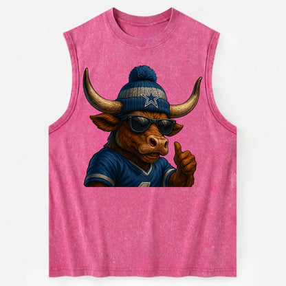 Texas Longhorn wearing Cowboys silver and blue beanie with star and wayfarer - Vintage Washed Tank - Pink