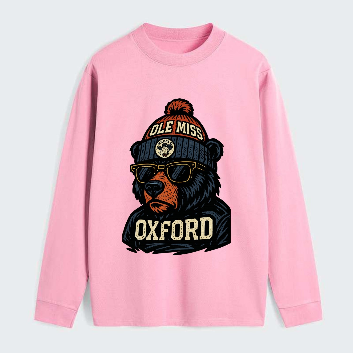 Oxford Black Bear wearing Ole Miss beanie with rebel patch - Classic Long Sleeve Shirt - Pink
