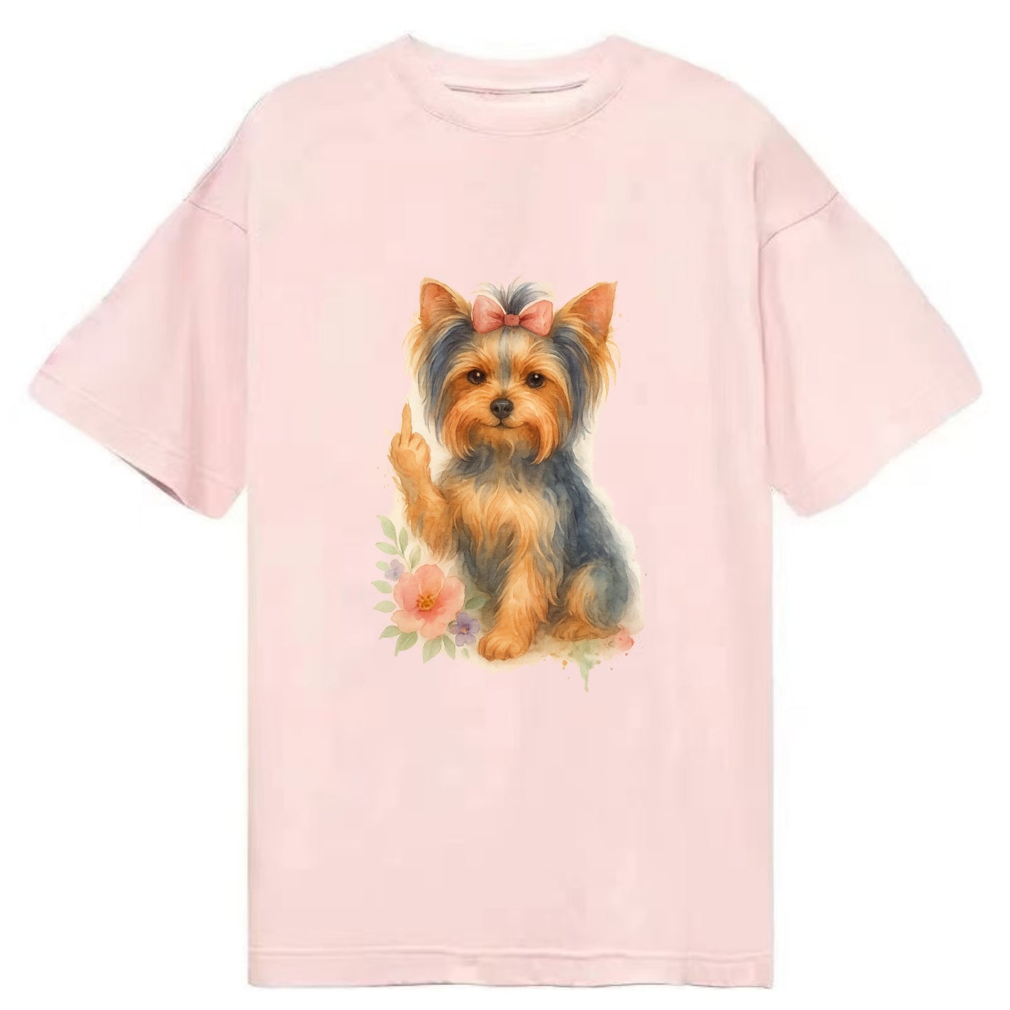 Yorkshire Terrier with topknot bow, one delicate paw flipping off - Classic T-shirt - Pink