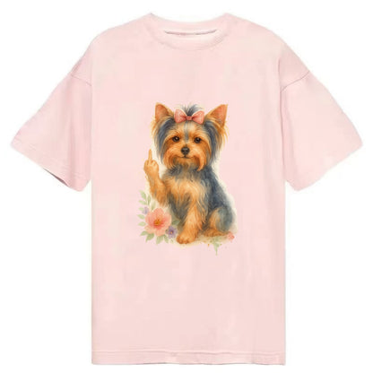 Yorkshire Terrier with topknot bow, one delicate paw flipping off - Classic T-shirt - Pink