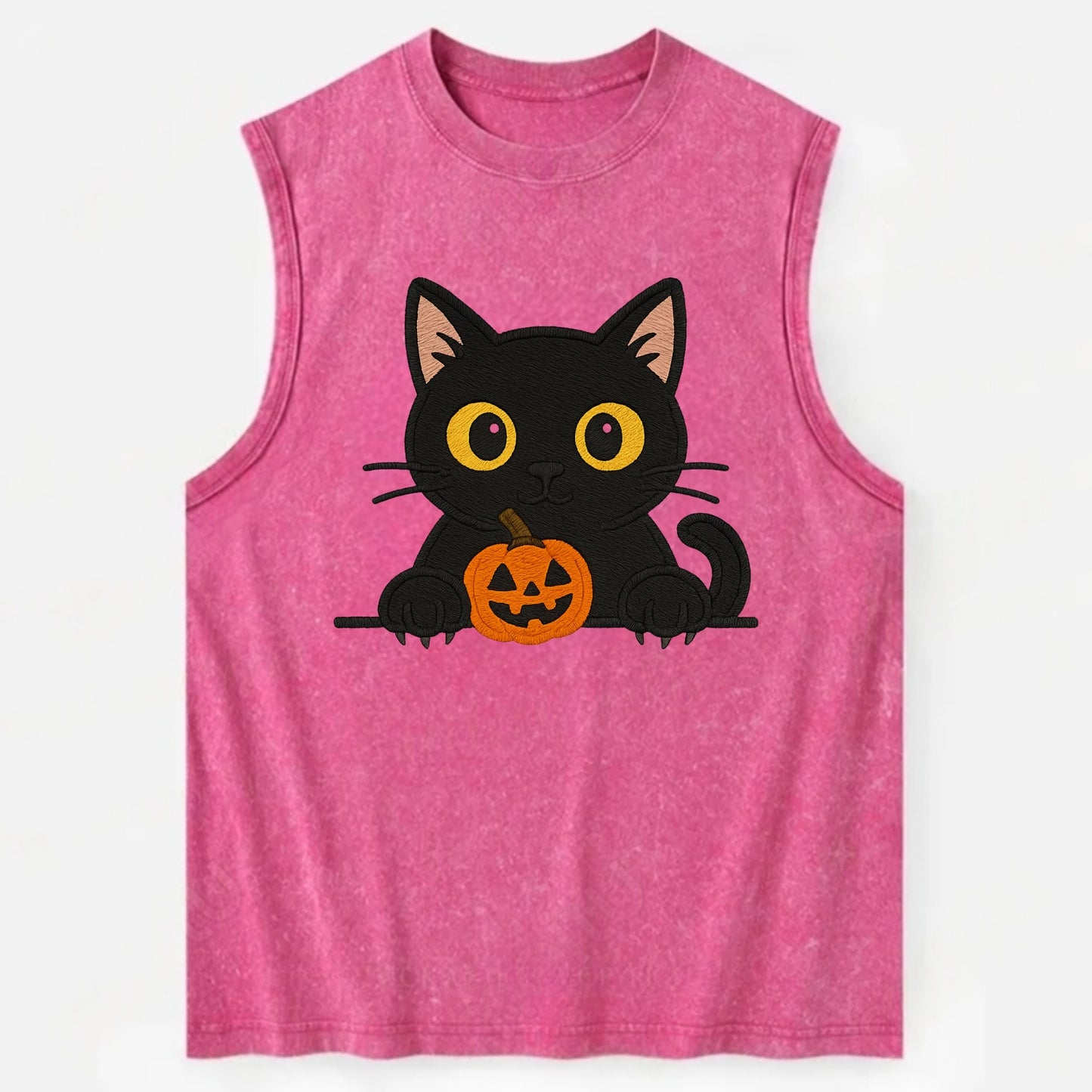 Midnight the black cat wearing round spectacles while studying the viewer. - Vintage Washed Tank - Pink