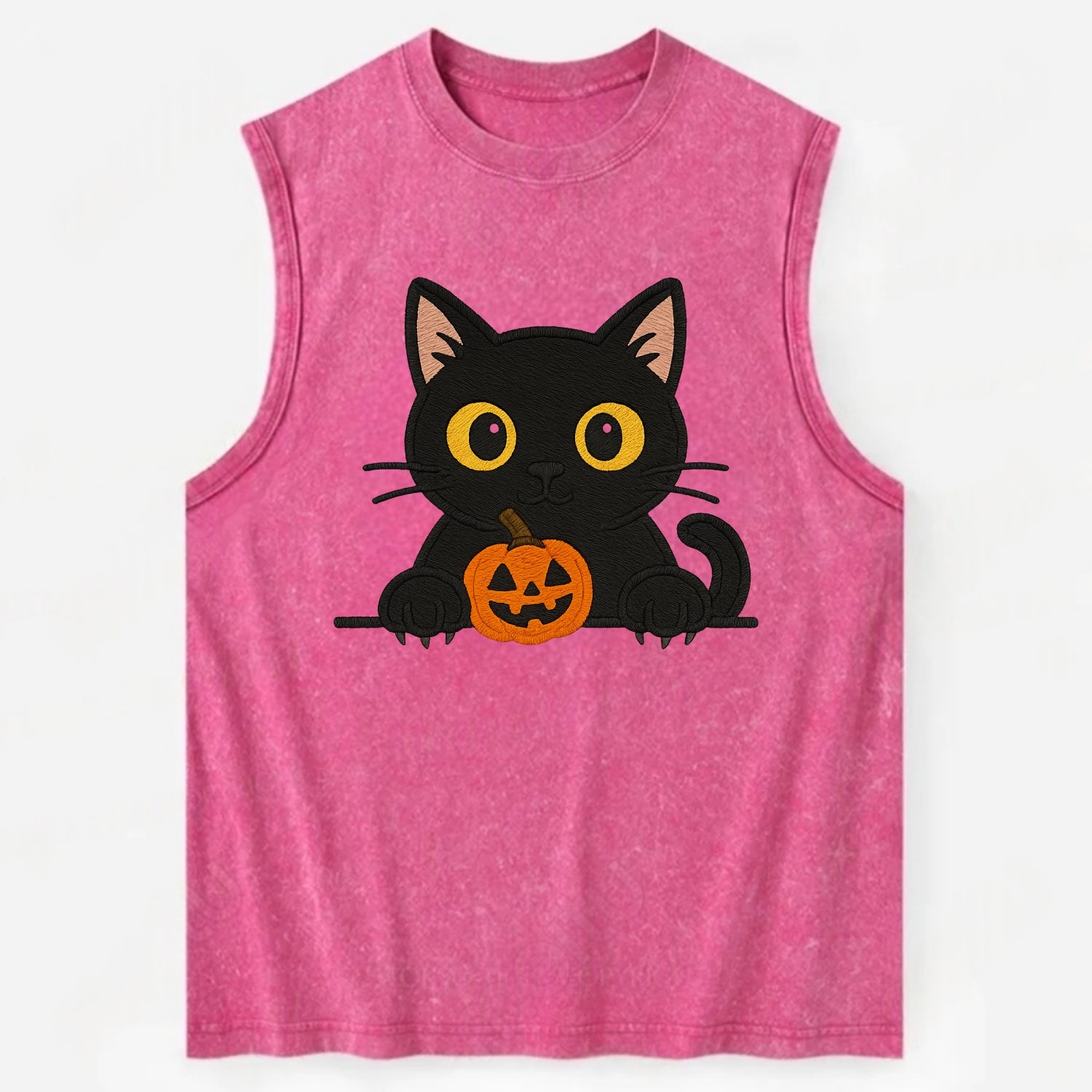 Midnight the black cat wearing round spectacles while studying the viewer. - Vintage Washed Tank - Pink