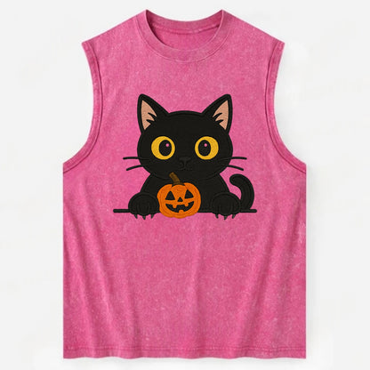 Midnight the black cat wearing round spectacles while studying the viewer. - Vintage Washed Tank - Pink